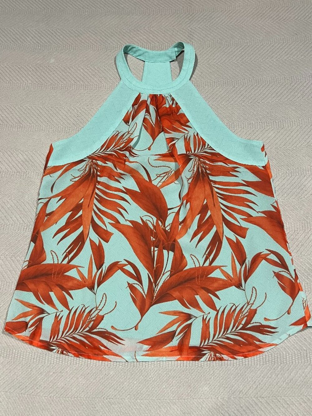 H & M Womens Tropical Blouse Halter Sz‎ 2 Fully Lined Turquoise Orange Leaves